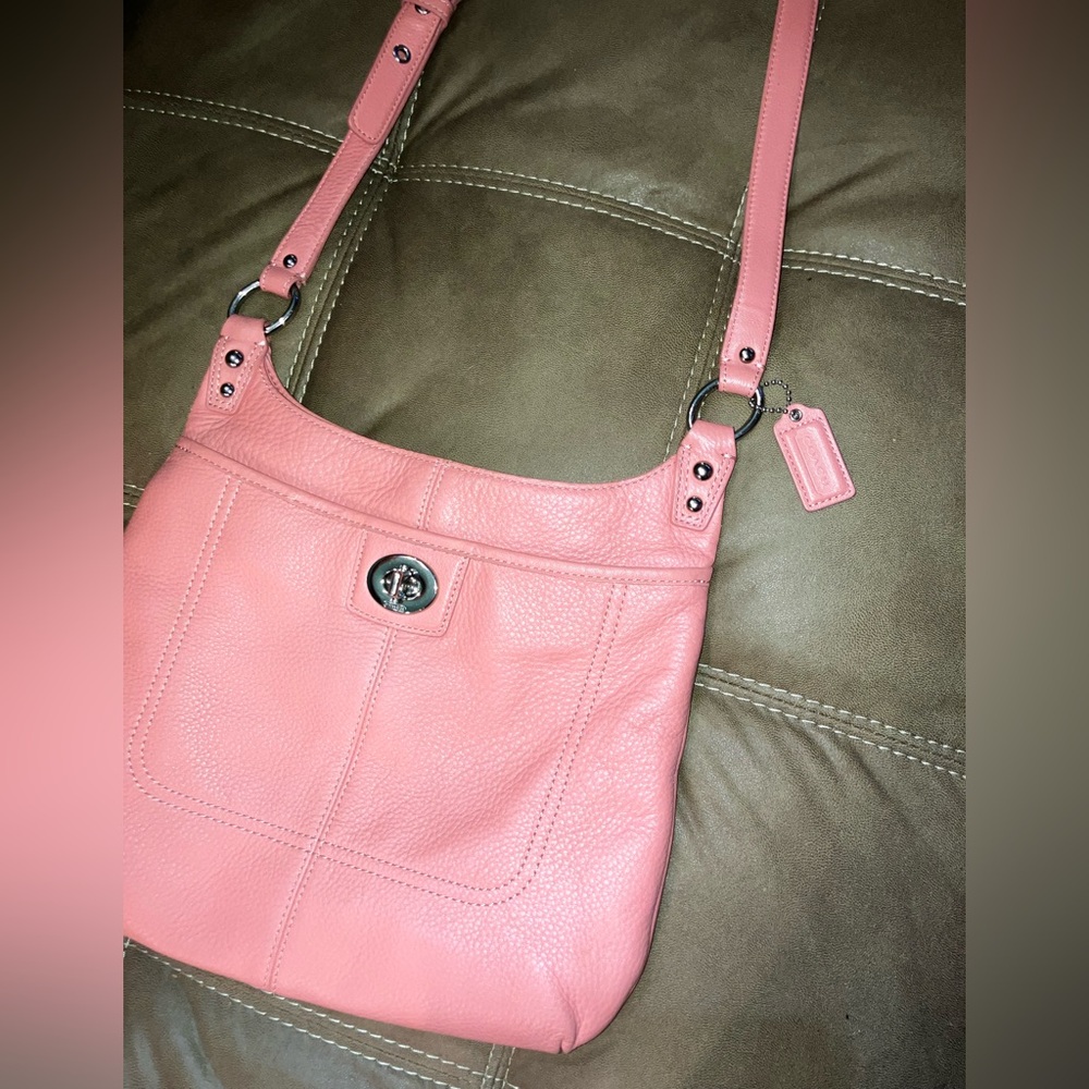 Coach Pink Pebbled Leather Shoulder Bag with Turnlock